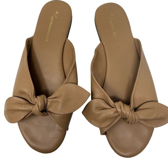 Anthropologie Gemma Bow Slide Sandals Tan Leather Bow Slip-On Size 39 8.5 - Picture 1 of 8